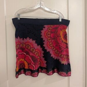 Vintage Y2K Euro Desigual Mini Navy Skirt with Pink & Yellow Floral Medallions